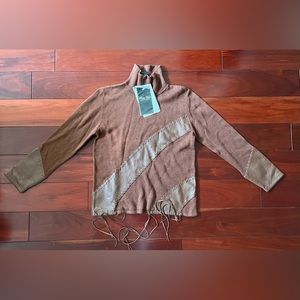 Vintage Jerry Lewis Classic Luxuries Leather Fringe Turtleneck Brown Sweater XS